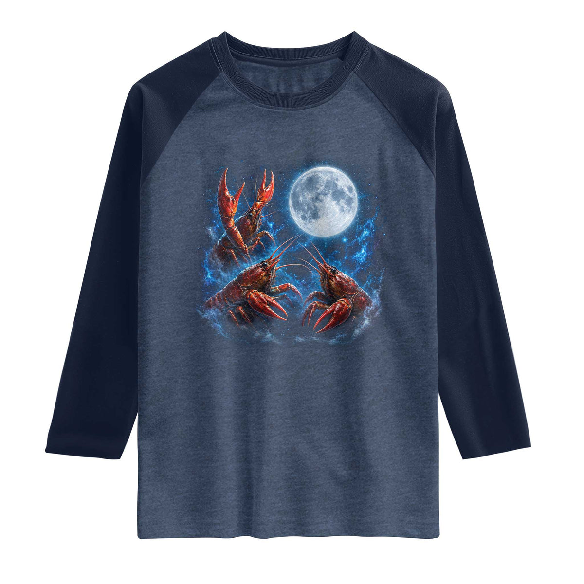 Three Crawfish Moon Raglan Shirt Lobster Howling To The Moon Vintage Moon Animals TS10 Heather Denim Navy Print Your Wear