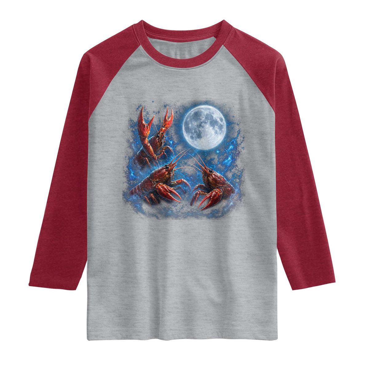 Three Crawfish Moon Raglan Shirt Lobster Howling To The Moon Vintage Moon Animals TS10 Heather Gray Heather Red Print Your Wear