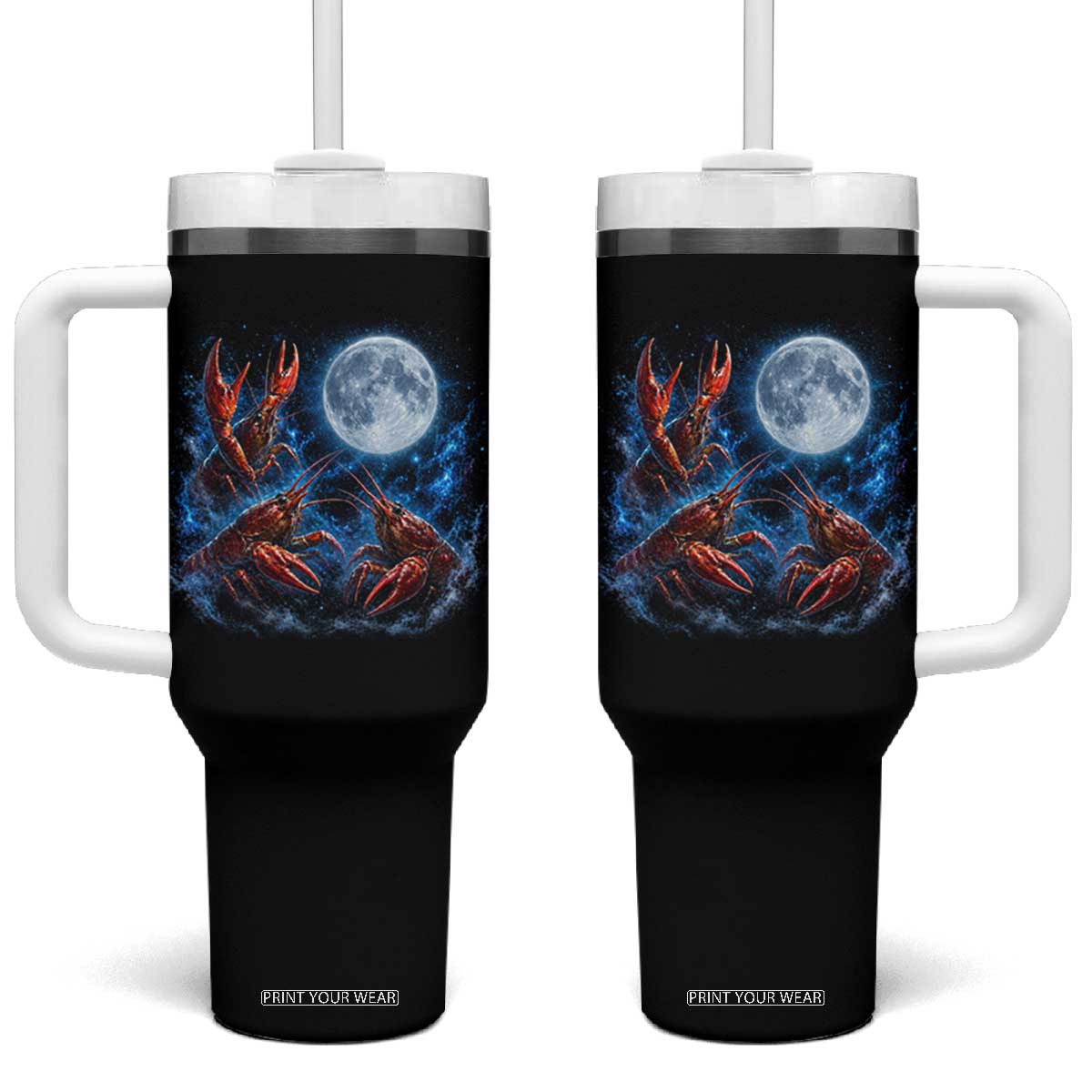 Three Crawfish Moon Tumbler With Handle Lobster Howling To The Moon Vintage Moon Animals TS10 One Size: 40 oz Black Print Your Wear