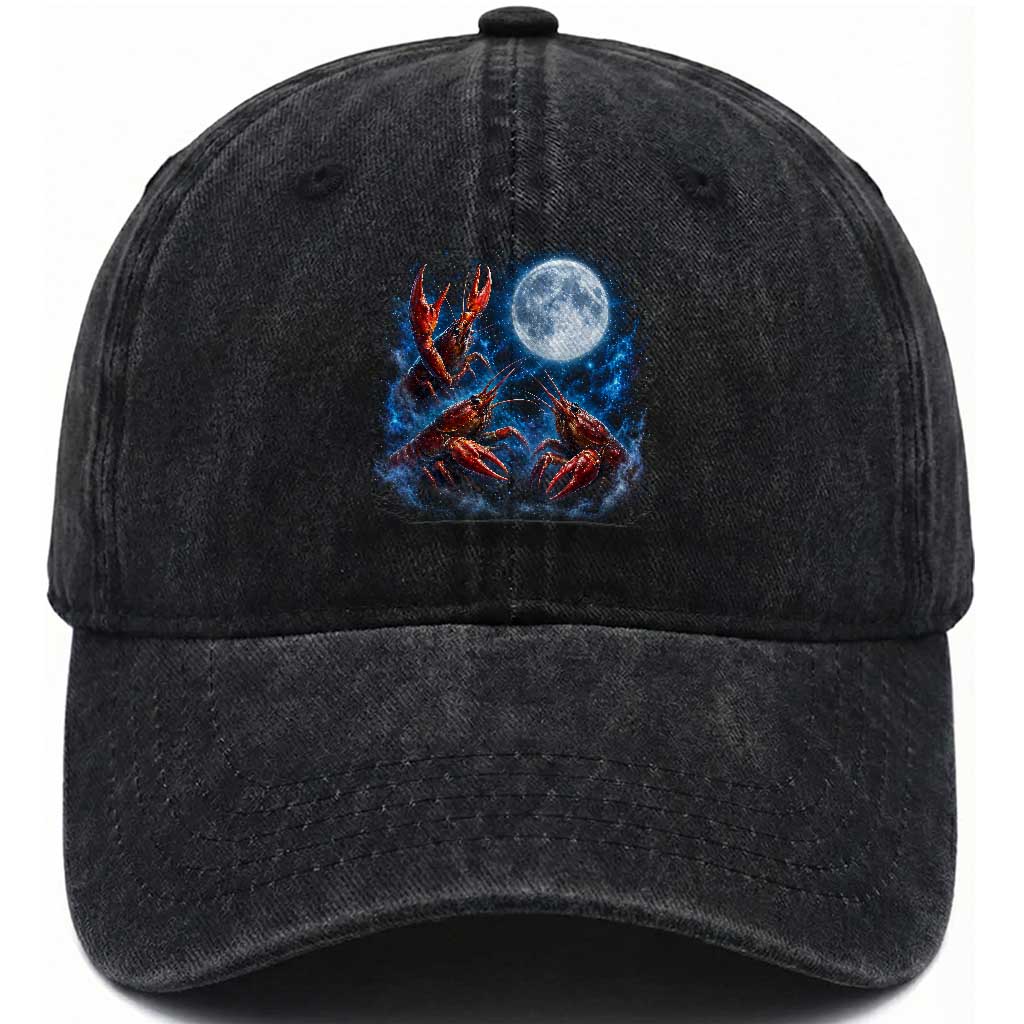 Three Crawfish Moon Washed Cotton Baseball Cap Lobster Howling To The Moon Vintage Moon Animals TS10 Print Your Wear