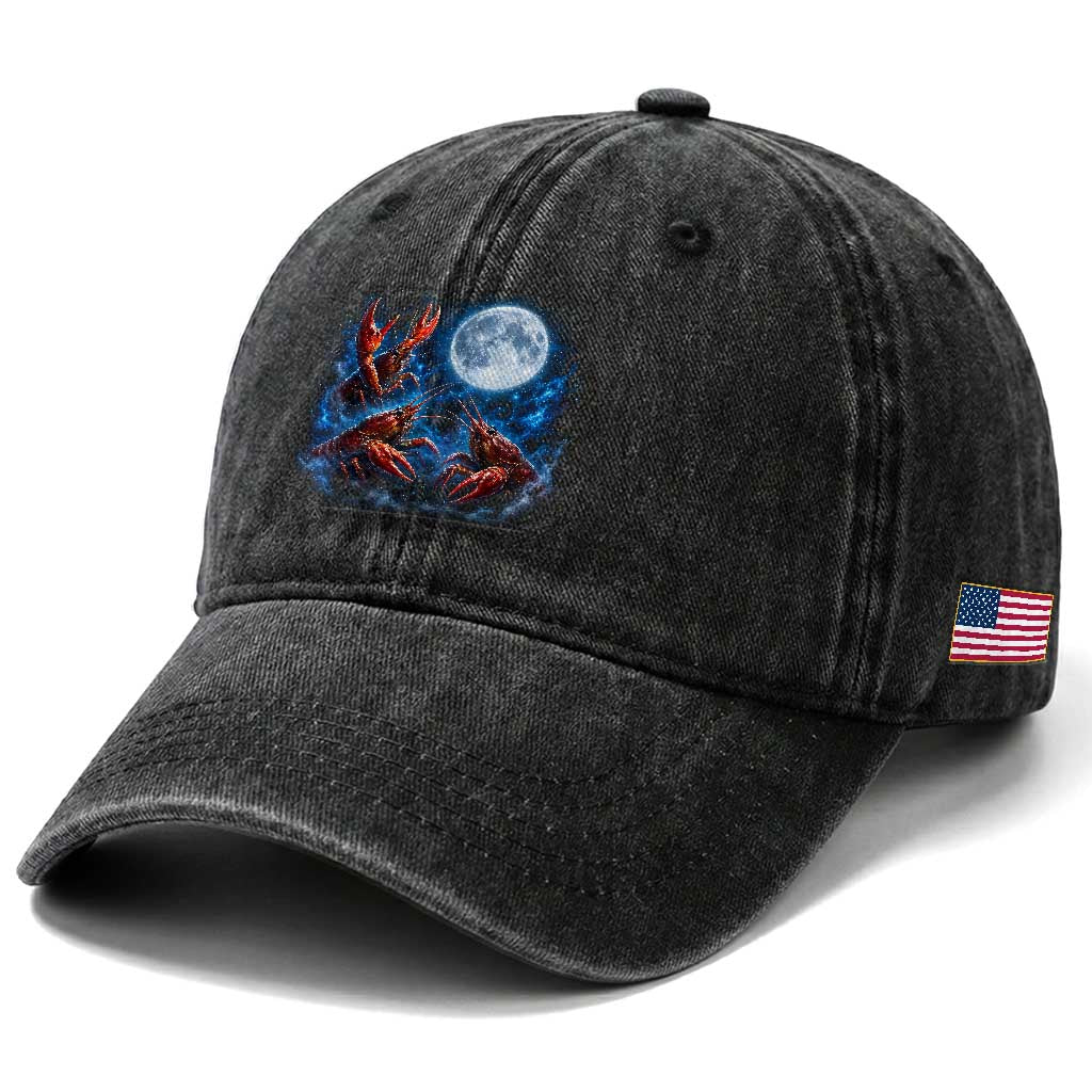 Three Crawfish Moon Washed Cotton Baseball Cap Lobster Howling To The Moon Vintage Moon Animals TS10 Print Your Wear