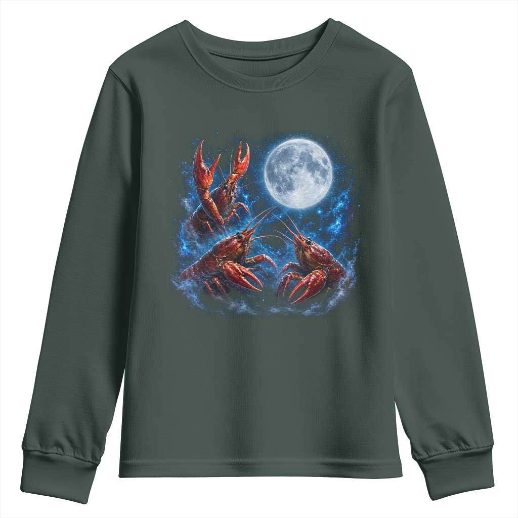 Three Crawfish Moon Youth Sweatshirt Lobster Howling To The Moon Vintage Moon Animals TS10 Dark Forest Green Print Your Wear