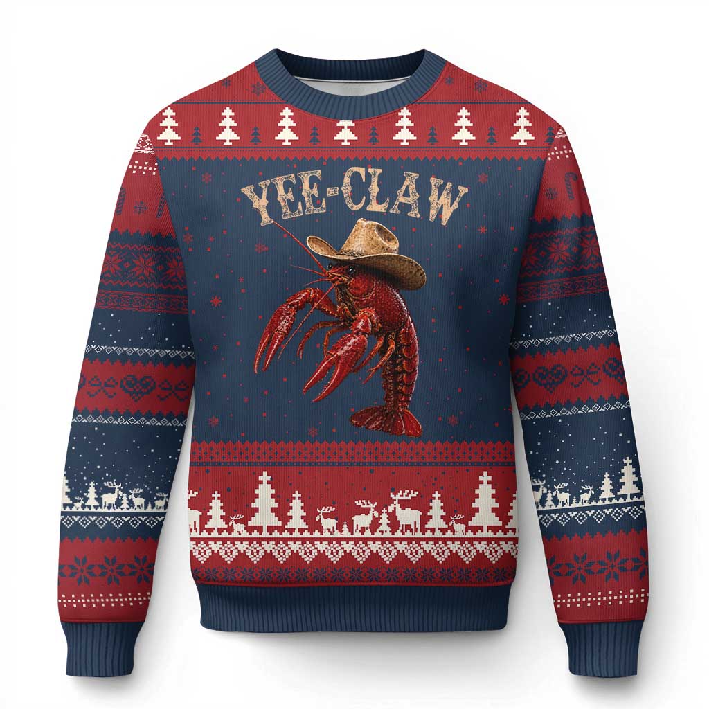 Funny Cowboy Crawfish Ugly Christmas Sweater Yee Claw Funny Crawfish Cajun Seafood Festival TS10 Navy Red Print Your Wear