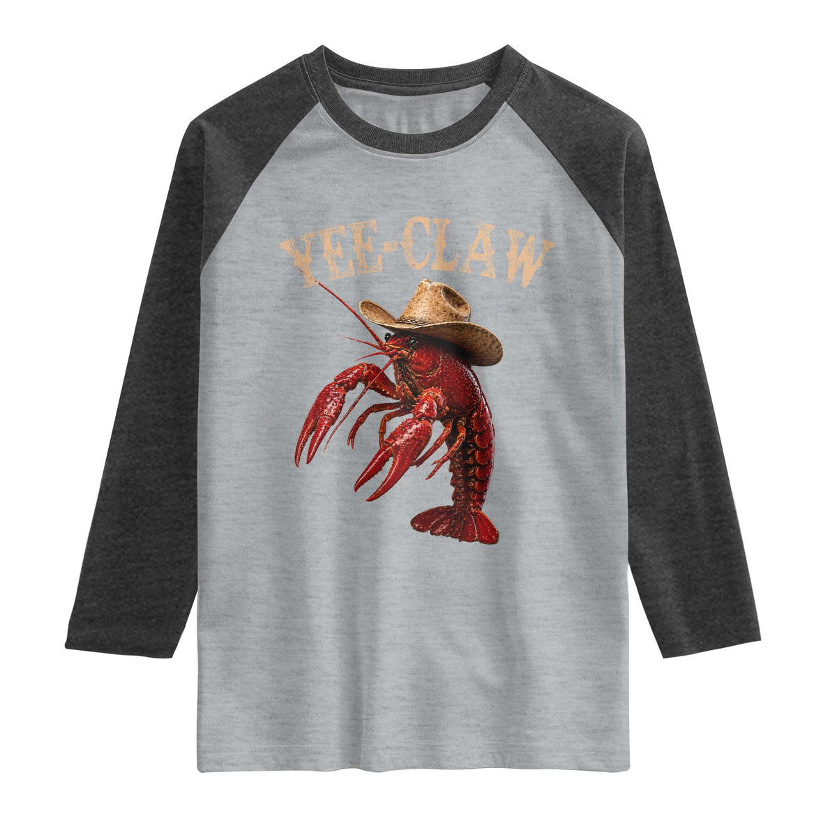 Funny Cowboy Crawfish Raglan Shirt Yee Claw Funny Crawfish Cajun Seafood Festival TS10 Heather Gray Heather Charcoal Print Your Wear