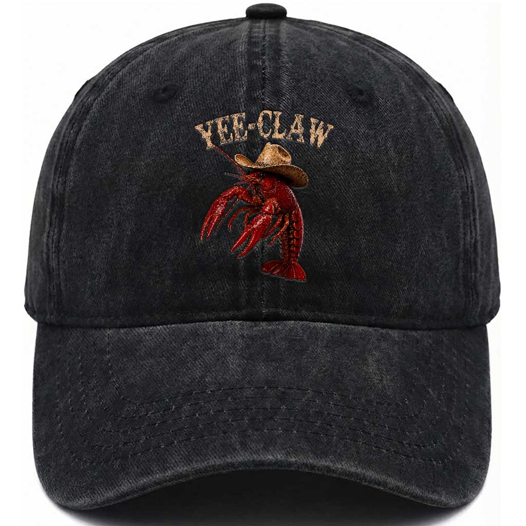Funny Cowboy Crawfish Washed Cotton Baseball Cap Yee Claw Funny Crawfish Cajun Seafood Festival TS10 Print Your Wear