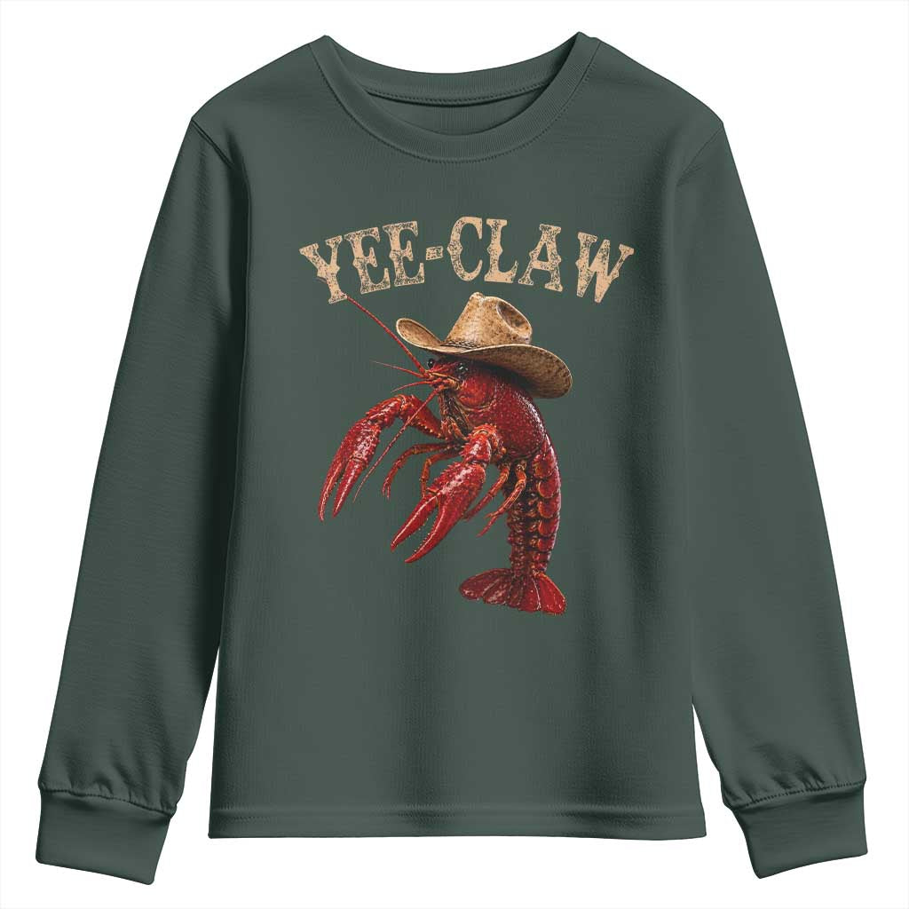 Funny Cowboy Crawfish Youth Sweatshirt Yee Claw Funny Crawfish Cajun Seafood Festival TS10 Dark Forest Green Print Your Wear