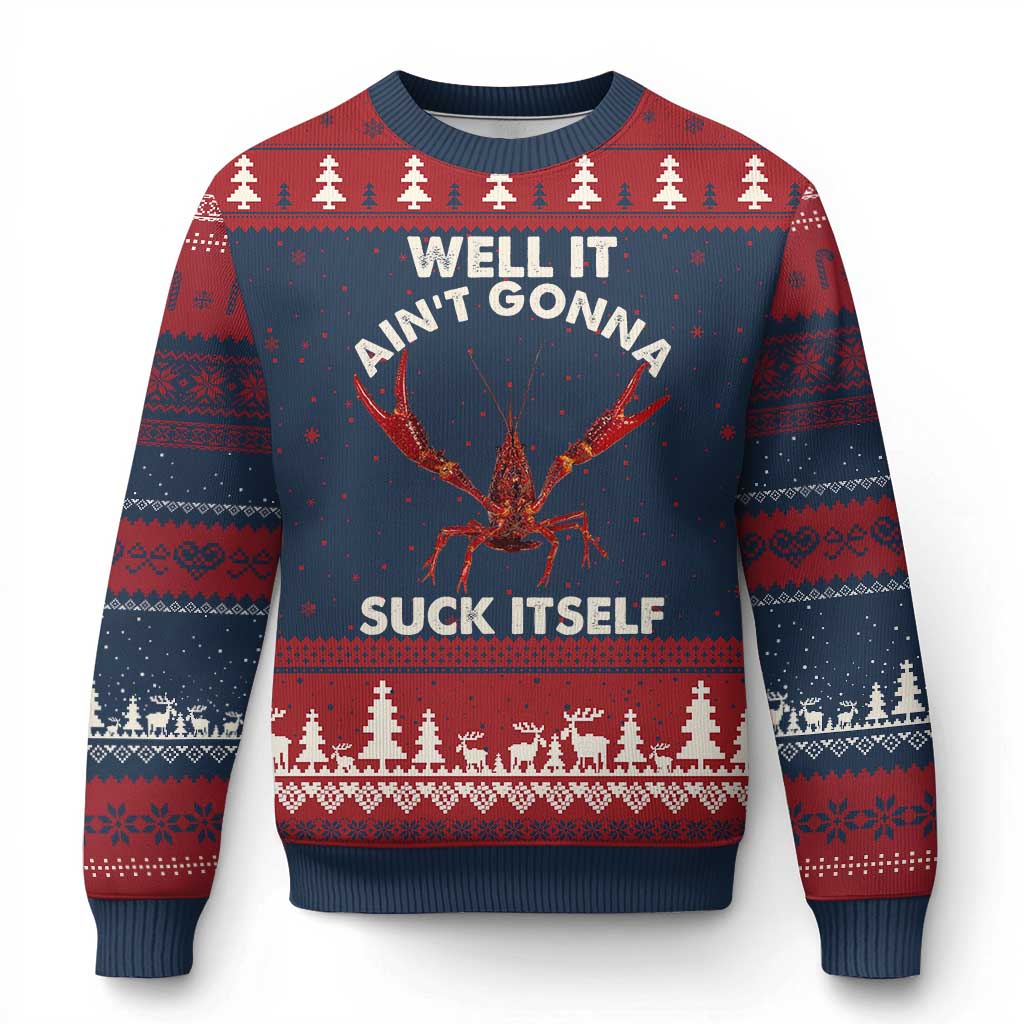 Funny Cajun Crawfish Ugly Christmas Sweater It Aint Gonna Suck Itself Lobster Crawfish Boil TS10 Navy Red Print Your Wear
