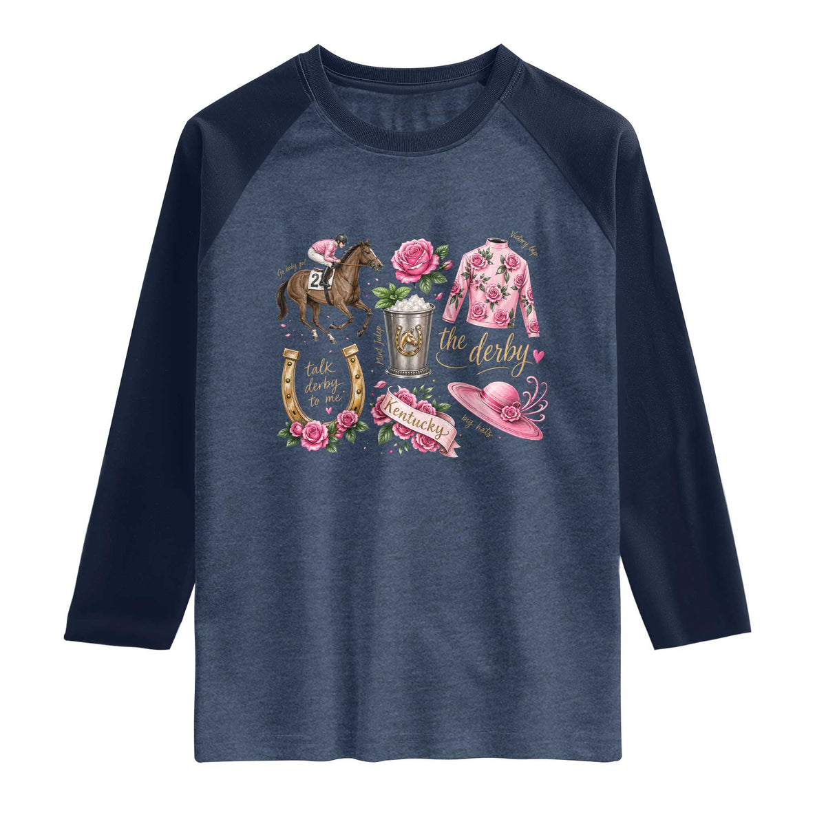 Horse Racing Derby Day Raglan Shirt Doodles Funny Silks Jockey TS10 Heather Denim Navy Print Your Wear