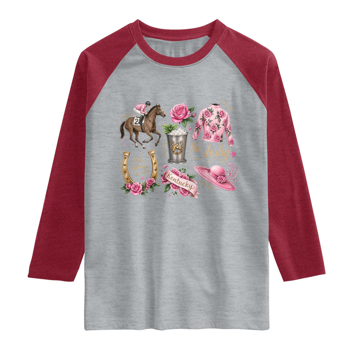 Horse Racing Derby Day Raglan Shirt Doodles Funny Silks Jockey TS10 Heather Gray Heather Red Print Your Wear