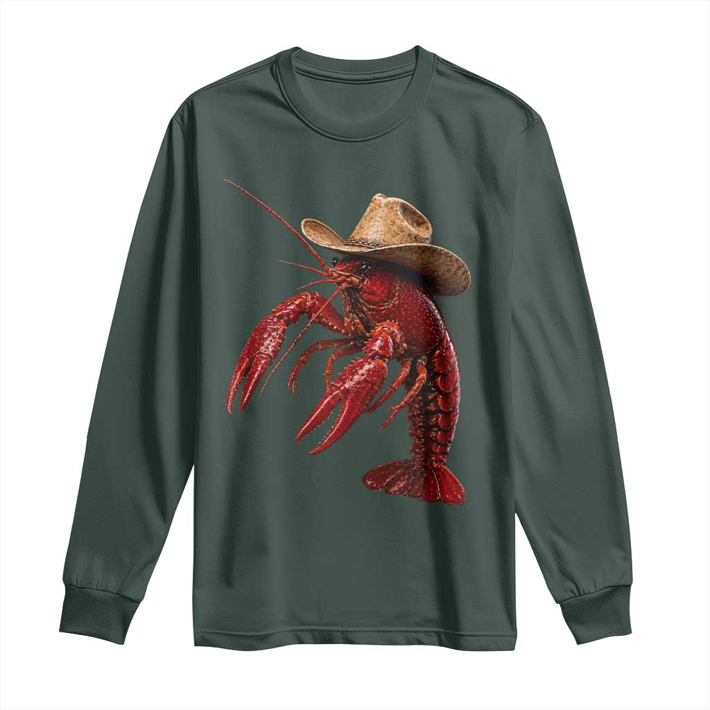 Cowboy Crawfish Long Sleeve Shirt Yeeclaw Western Country Seafood Lobster Cajun Lovers TS10 Dark Forest Green Print Your Wear