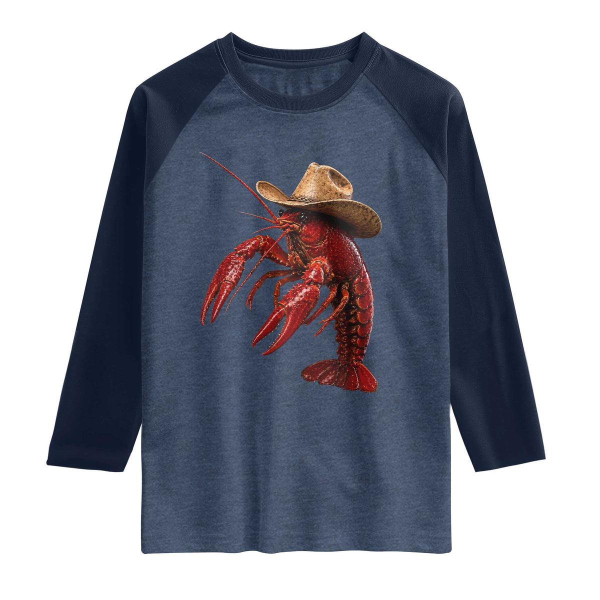 Cowboy Crawfish Raglan Shirt Yeeclaw Western Country Seafood Lobster Cajun Lovers TS10 Heather Denim Navy Print Your Wear
