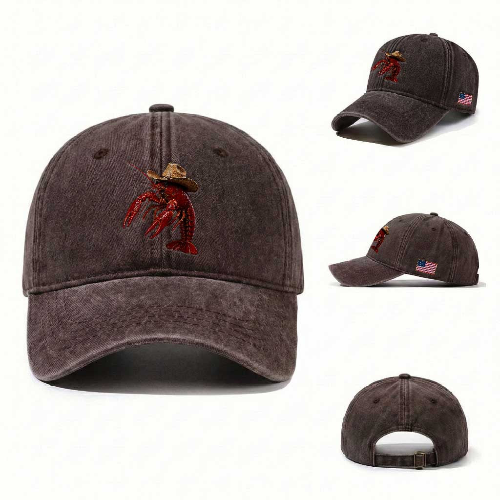 Cowboy Crawfish Washed Cotton Baseball Cap Yeeclaw Western Country Seafood Lobster Cajun Lovers TS10 Washed Cap Universal Fit Dark Brown Print Your Wear