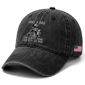 Funny Dad Washed Cotton Baseball Cap Just A Dad Who Always Came Back With The Milk Skeleton American Flag TS10 Print Your Wear