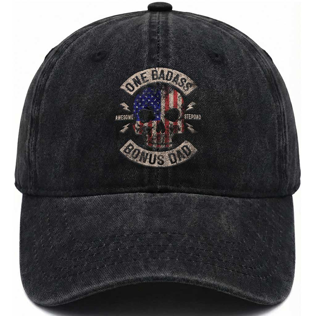 One Badass Bonus Dad Washed Cotton Baseball Cap Vintage Step Dad American Flag Fathers Day TS10 Print Your Wear