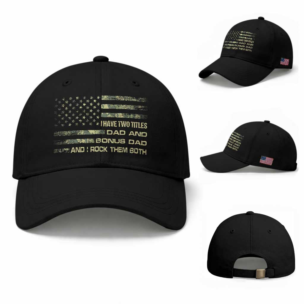 Funny Bonus Dad Baseball Cap Step Dad Camo American Flag Fathers Day TS10 Baseball Cap Universal Fit Black Print Your Wear