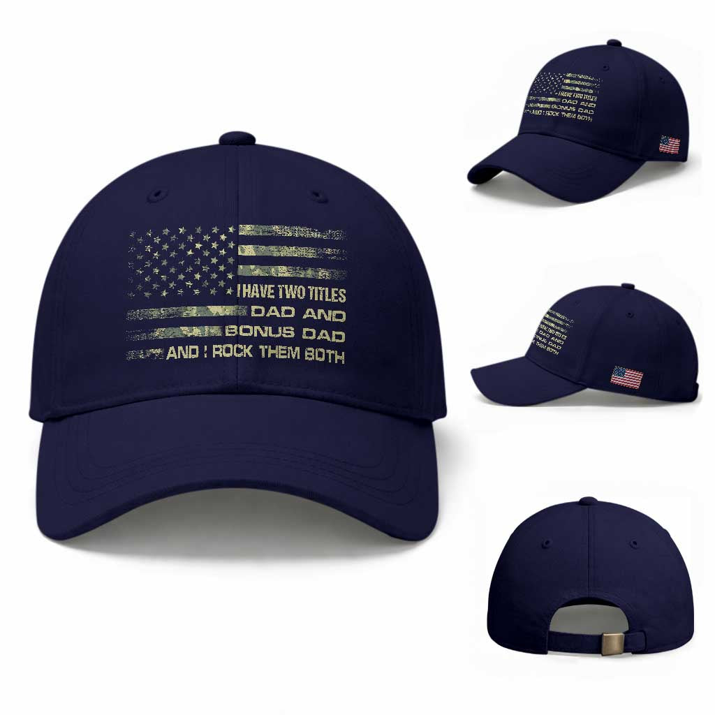 Funny Bonus Dad Baseball Cap Step Dad Camo American Flag Fathers Day TS10 Baseball Cap Universal Fit Dark Blue Print Your Wear