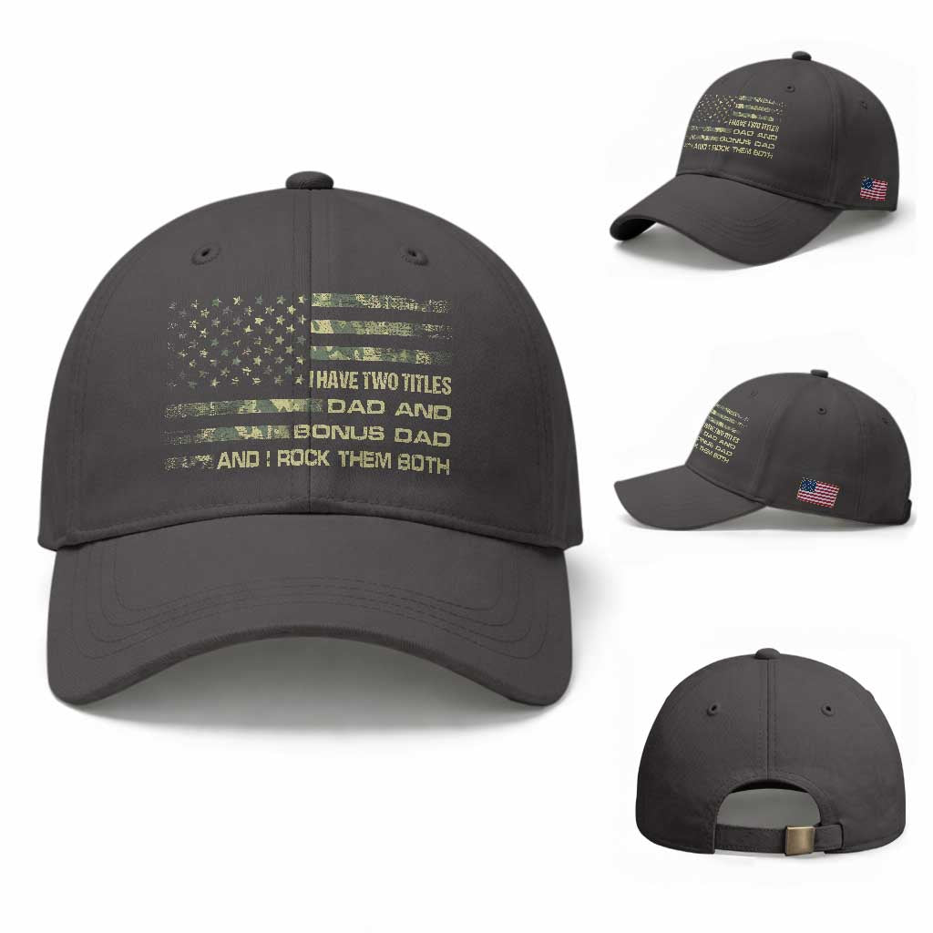 Funny Bonus Dad Baseball Cap Step Dad Camo American Flag Fathers Day TS10 Baseball Cap Universal Fit Dark Gray Print Your Wear