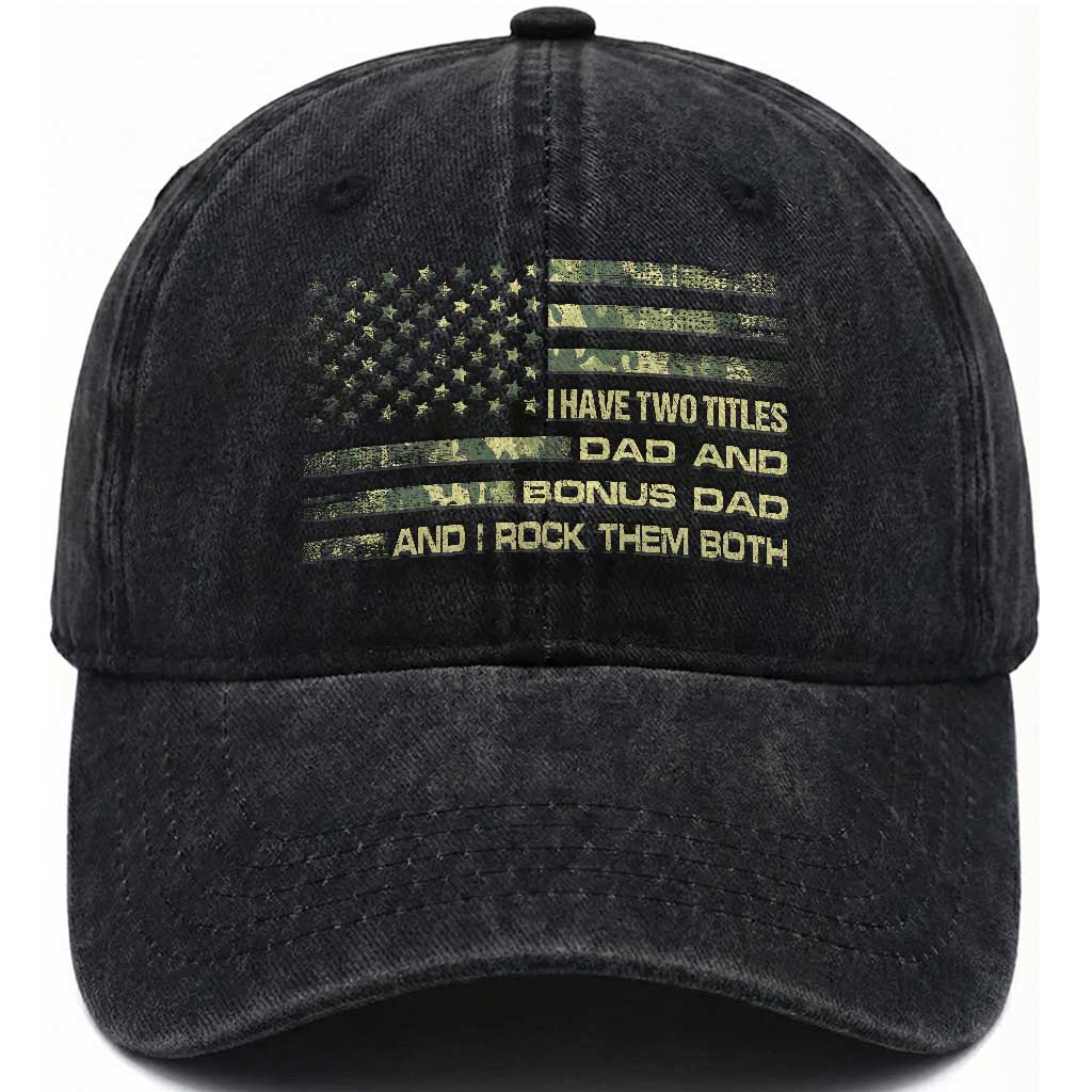 Funny Bonus Dad Washed Cotton Baseball Cap Step Dad Camo American Flag Fathers Day TS10 Print Your Wear