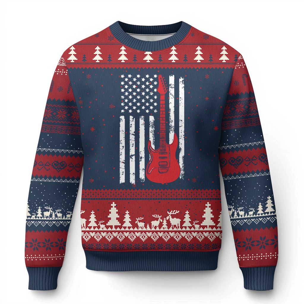 Bass Guitar Player Ugly Christmas Sweater USA American Flag Musician Guitarist TS10 Navy Red Print Your Wear