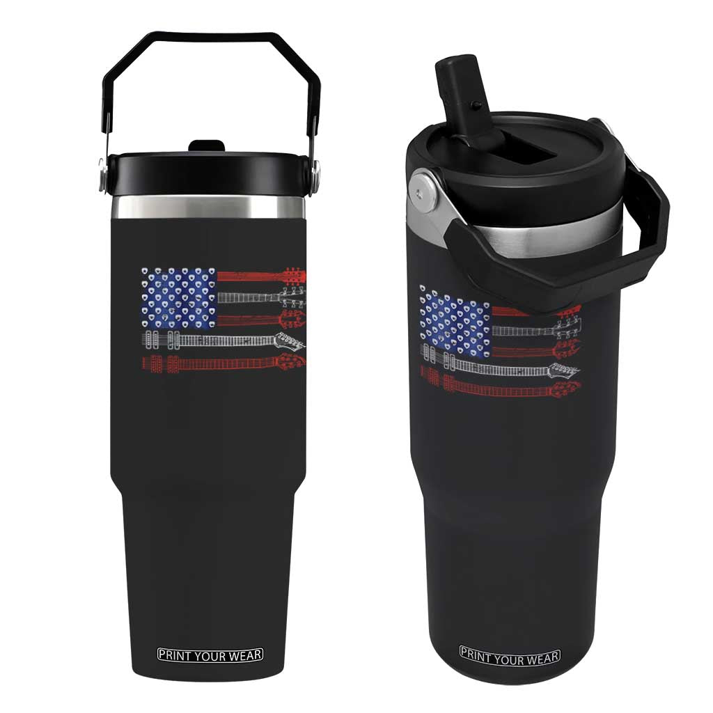 USA Flag Guitar Player Flip Straw Tumbler 4th of July Musician Guitarist TS10 One Size: 30 oz Black Print Your Wear