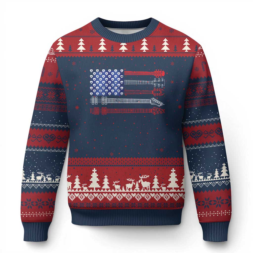 USA Flag Guitar Player Ugly Christmas Sweater 4th of July Musician Guitarist TS10 Navy Red Print Your Wear