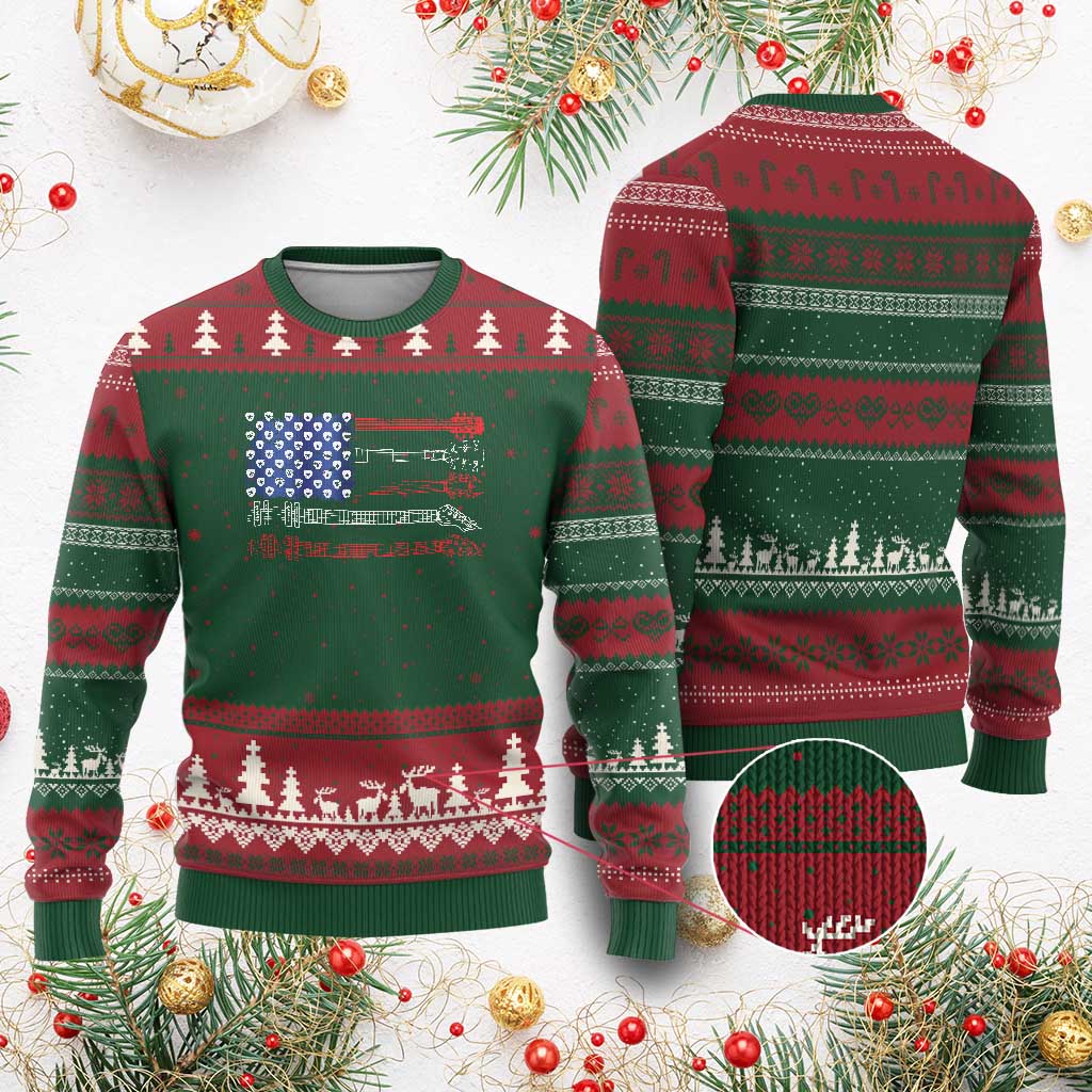 USA Flag Guitar Player Ugly Christmas Sweater 4th of July Musician Guitarist TS10 Red Green Print Your Wear