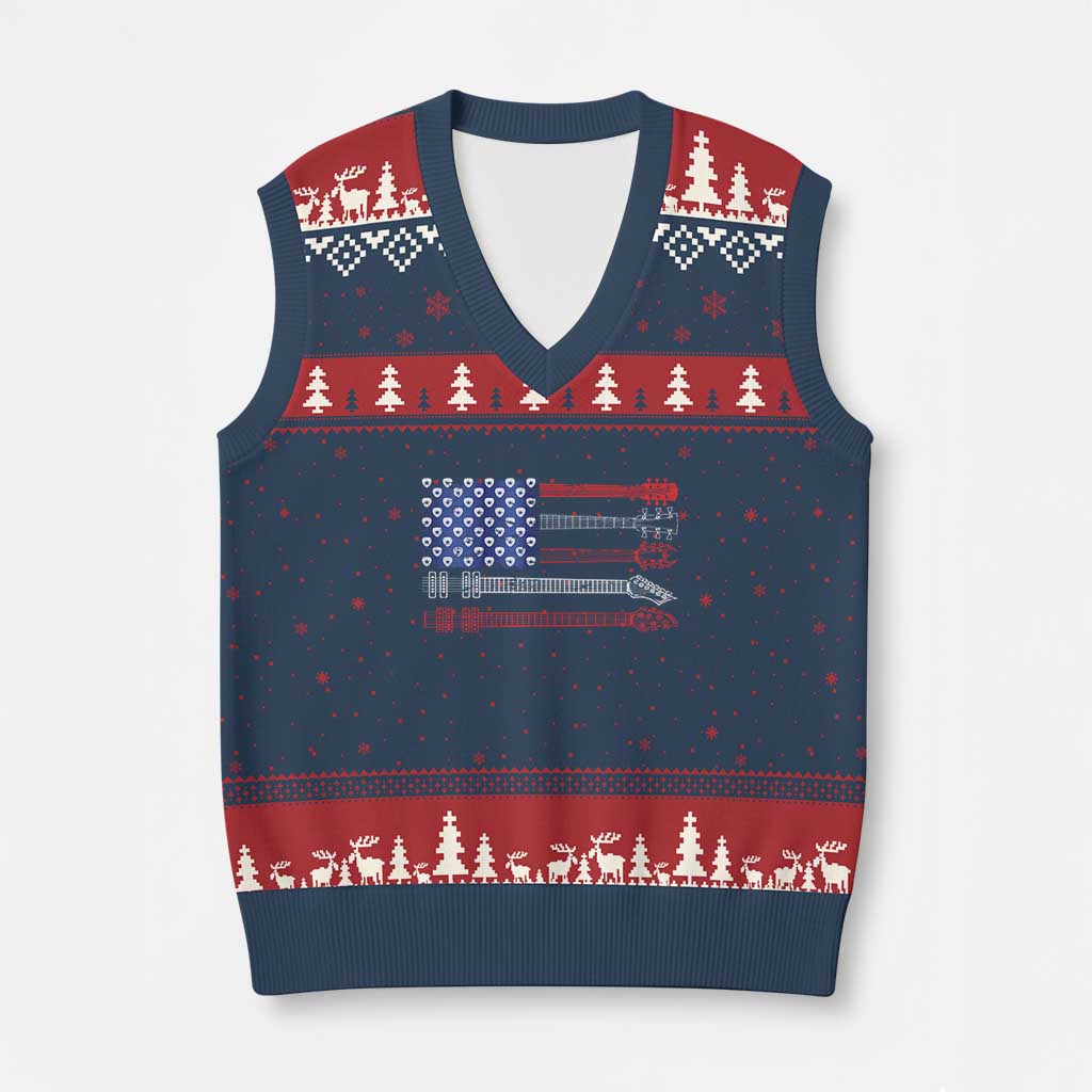 USA Flag Guitar Player V-Neck Knit Sweater Vest 4th of July Musician Guitarist TS10 Navy Red Print Your Wear