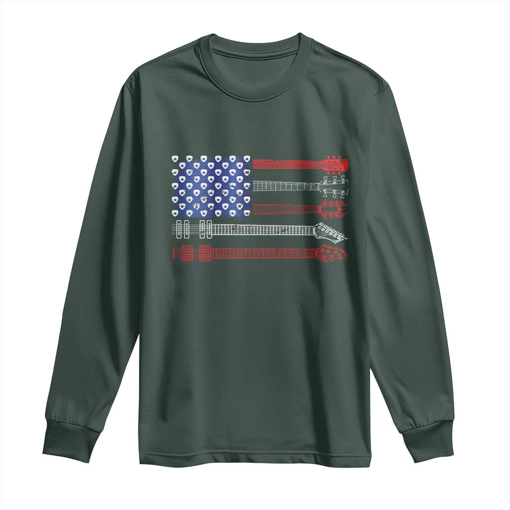 USA Flag Guitar Player Long Sleeve Shirt 4th of July Musician Guitarist TS10 Dark Forest Green Print Your Wear