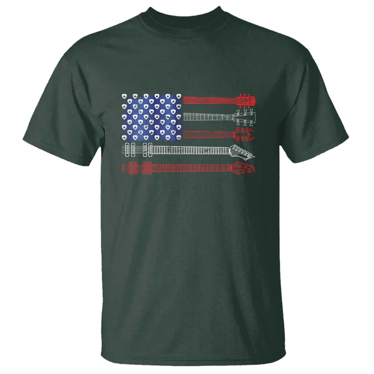 USA Flag Guitar Player T Shirt 4th of July Musician Guitarist TS10 Dark Forest Green Print Your Wear
