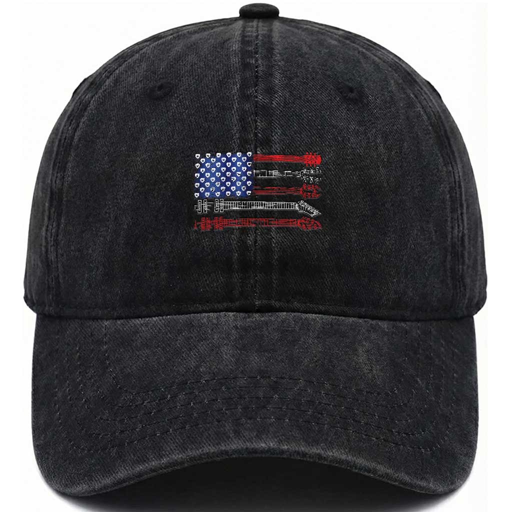 USA Flag Guitar Player Washed Cotton Baseball Cap 4th of July Musician Guitarist TS10 Washed Cap Universal Fit Black Print Your Wear