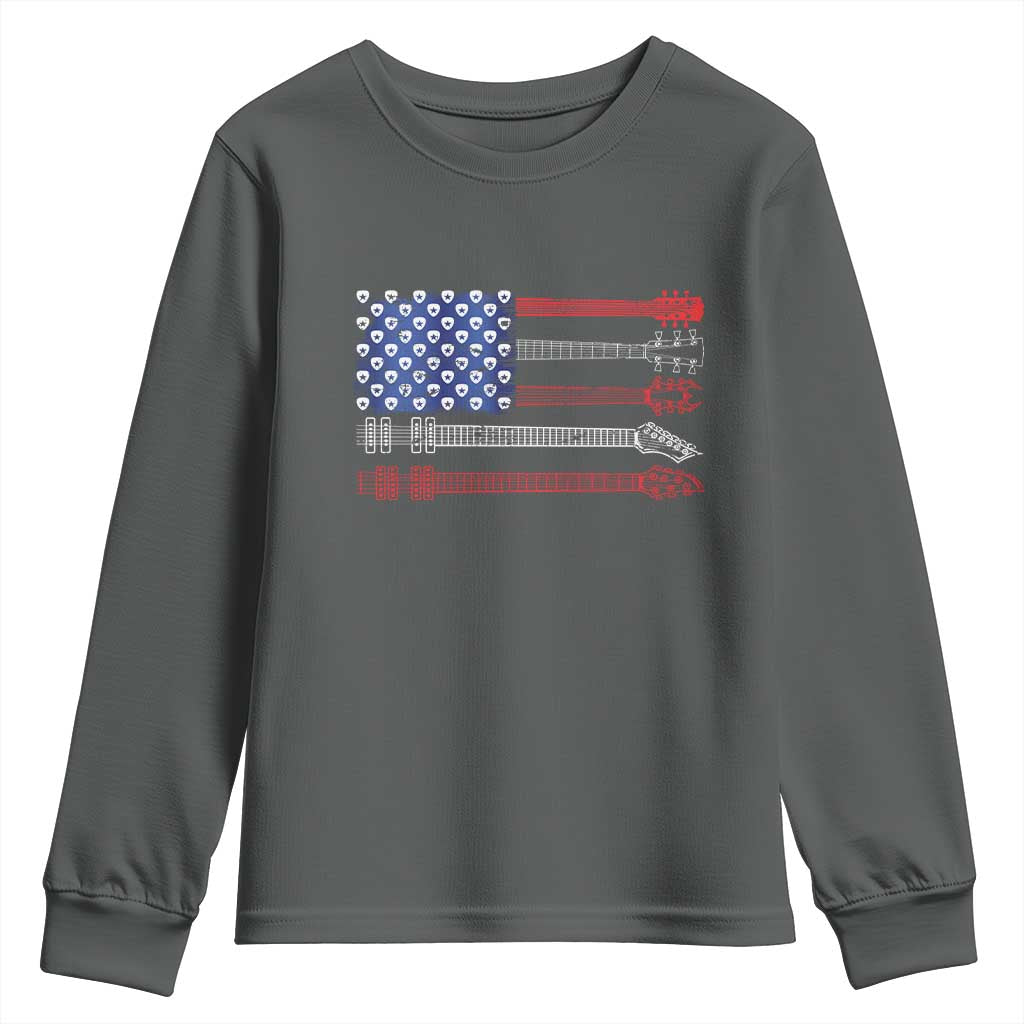 USA Flag Guitar Player Youth Sweatshirt 4th of July Musician Guitarist TS10 Dark Heather Print Your Wear