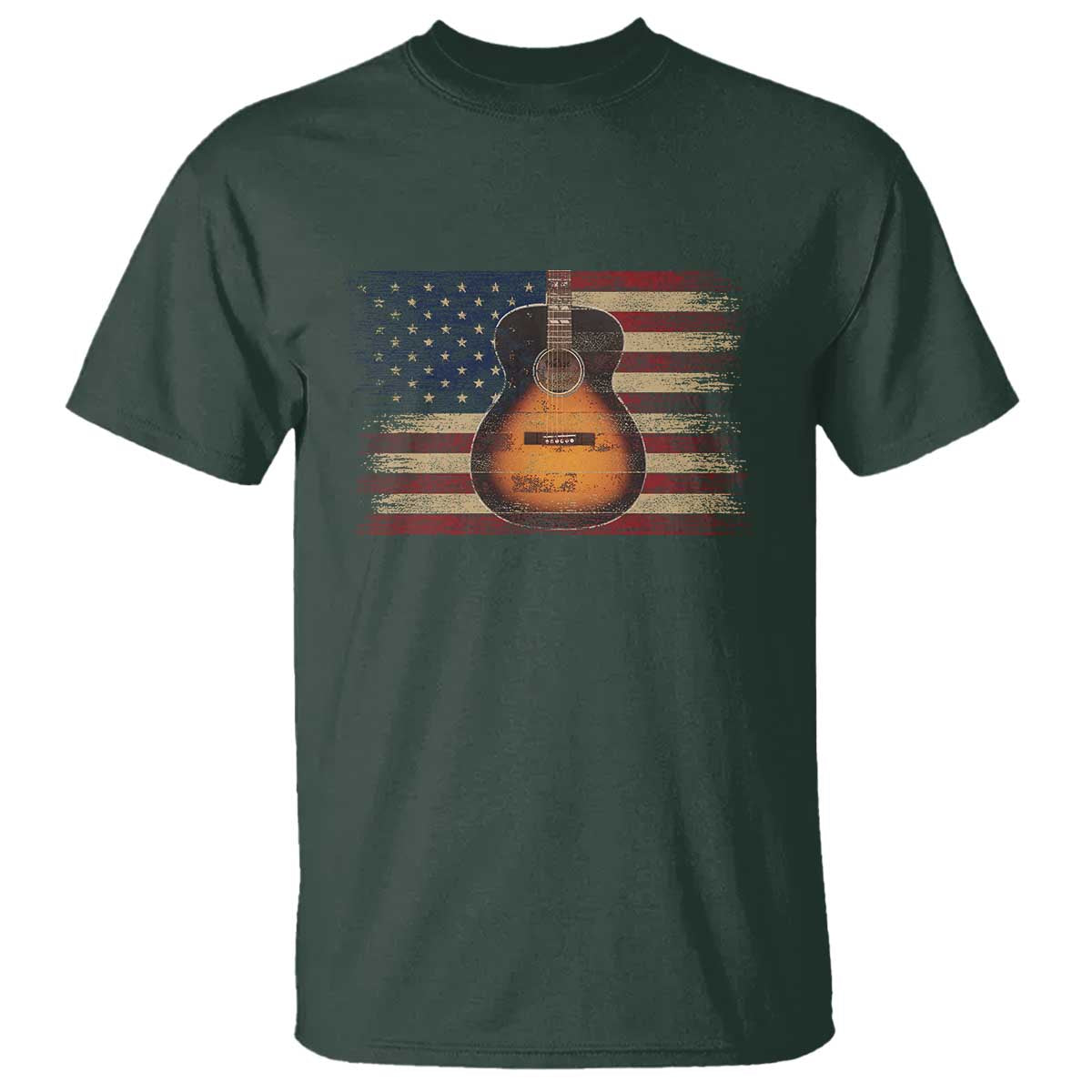USA Flag Guitar Player T Shirt Retro 4th of July Musician Guitarist TS10 Dark Forest Green Print Your Wear