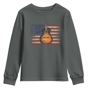 USA Flag Guitar Player Youth Sweatshirt Retro 4th of July Musician Guitarist TS10 Dark Heather Print Your Wear