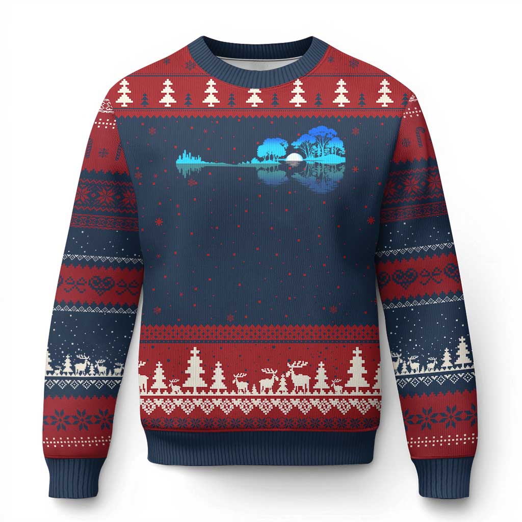 Guitar Lake Ugly Christmas Sweater Retro Tree Shadow Acoustic Guitarist Musician TS10 Navy Red Print Your Wear