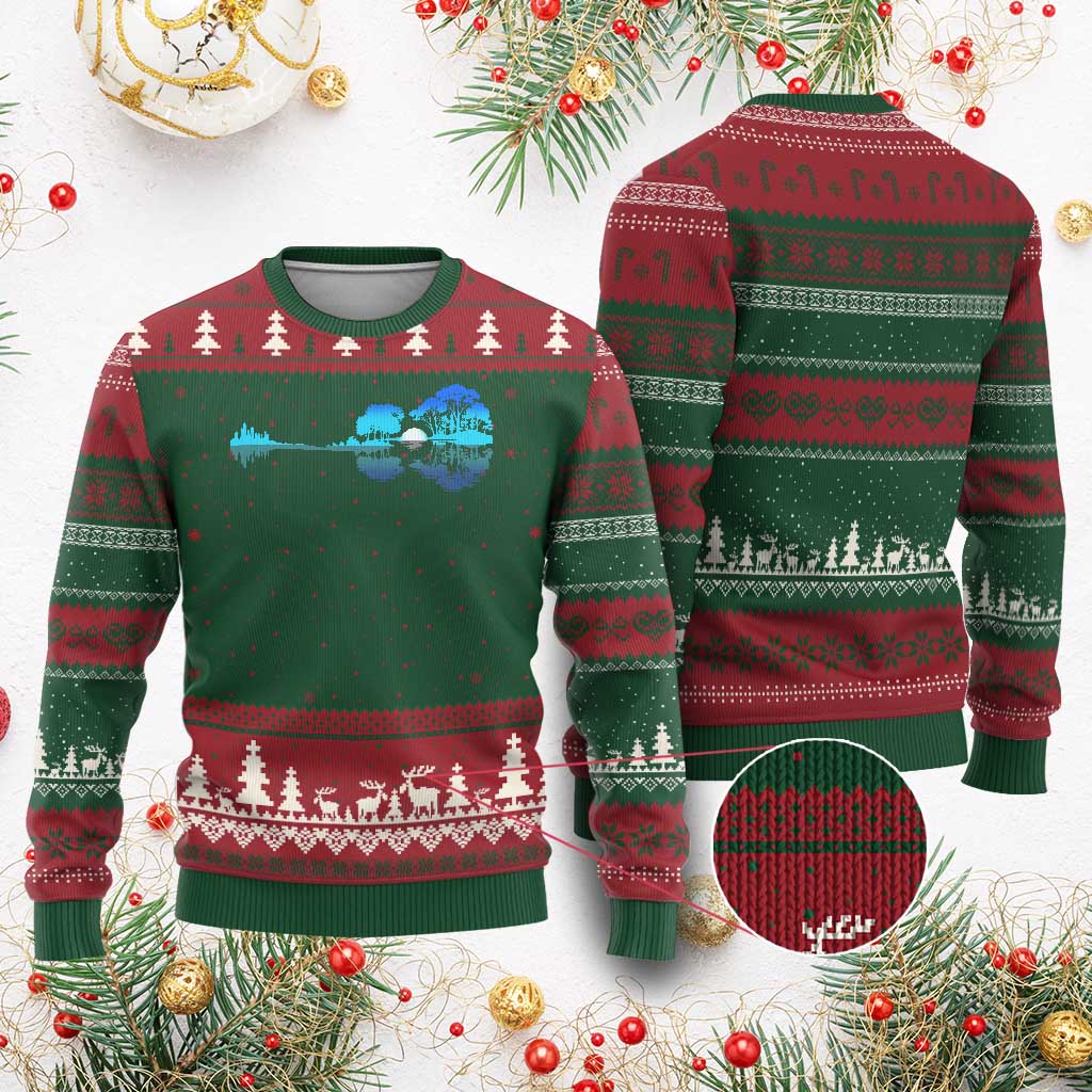 Guitar Lake Ugly Christmas Sweater Retro Tree Shadow Acoustic Guitarist Musician TS10 Red Green Print Your Wear