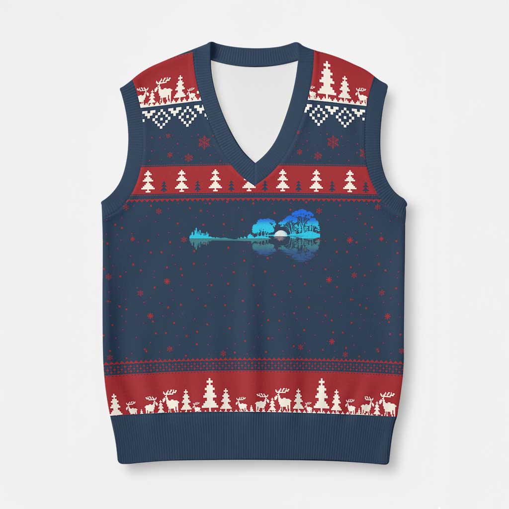 Guitar Lake V-Neck Knit Sweater Vest Retro Tree Shadow Acoustic Guitarist Musician TS10 Navy Red Print Your Wear