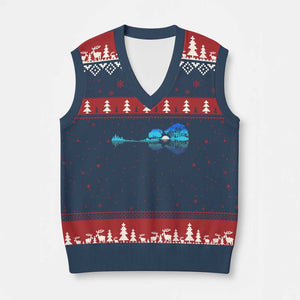 Guitar Lake V-Neck Knit Sweater Vest Retro Tree Shadow Acoustic Guitarist Musician TS10 Navy Red Print Your Wear