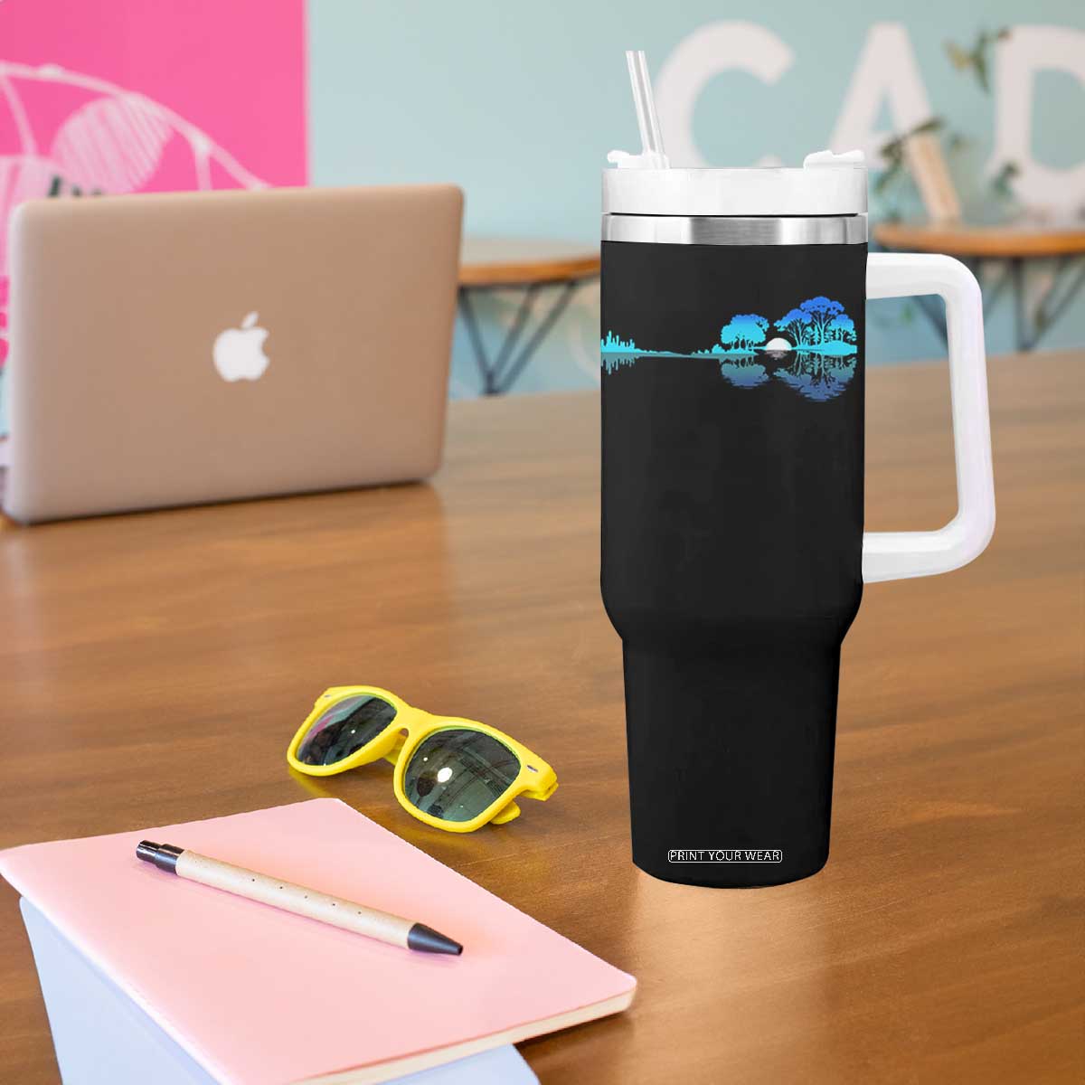 Guitar Lake Tumbler With Handle Retro Tree Shadow Acoustic Guitarist Musician TS10 Print Your Wear