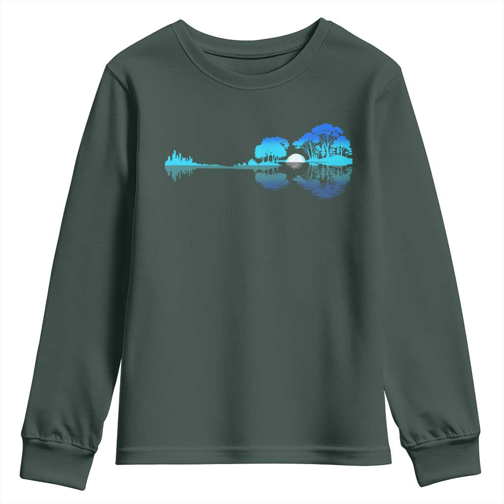 Guitar Lake Youth Sweatshirt Retro Tree Shadow Acoustic Guitarist Musician TS10 Dark Forest Green Print Your Wear