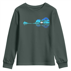 Guitar Lake Youth Sweatshirt Retro Tree Shadow Acoustic Guitarist Musician TS10 Dark Forest Green Print Your Wear