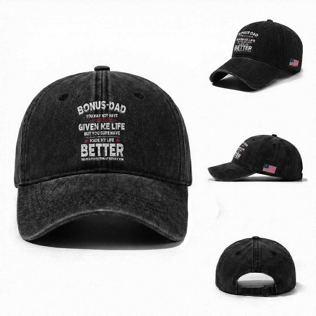 Bonus dad Washed Cotton Baseball Cap Step Dad Fathers Day TS10 Washed Cap Universal Fit Black Print Your Wear