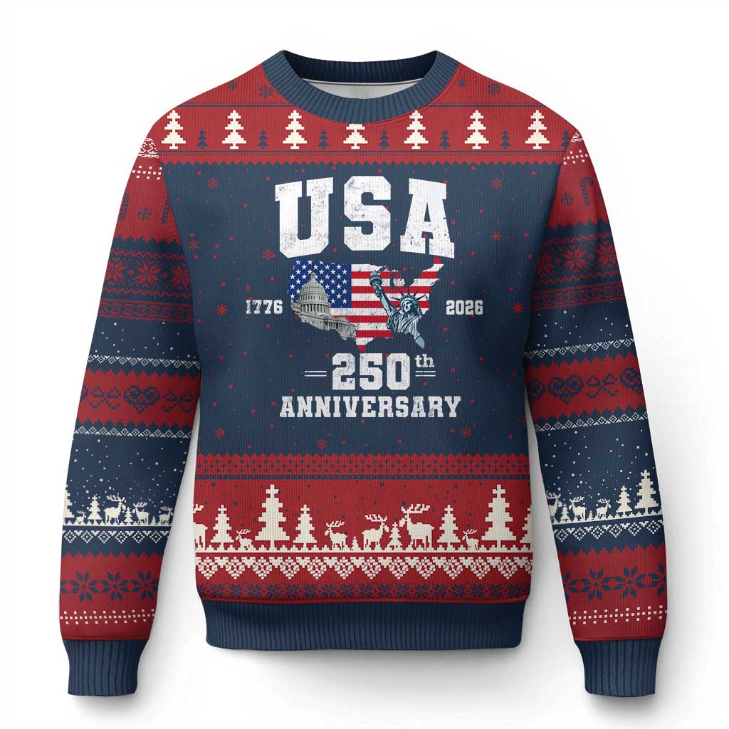 250th Anniversary USA Ugly Christmas Sweater 4th of July America US Flag Patriotic 250 Years American Flag TS10 Navy Red Print Your Wear
