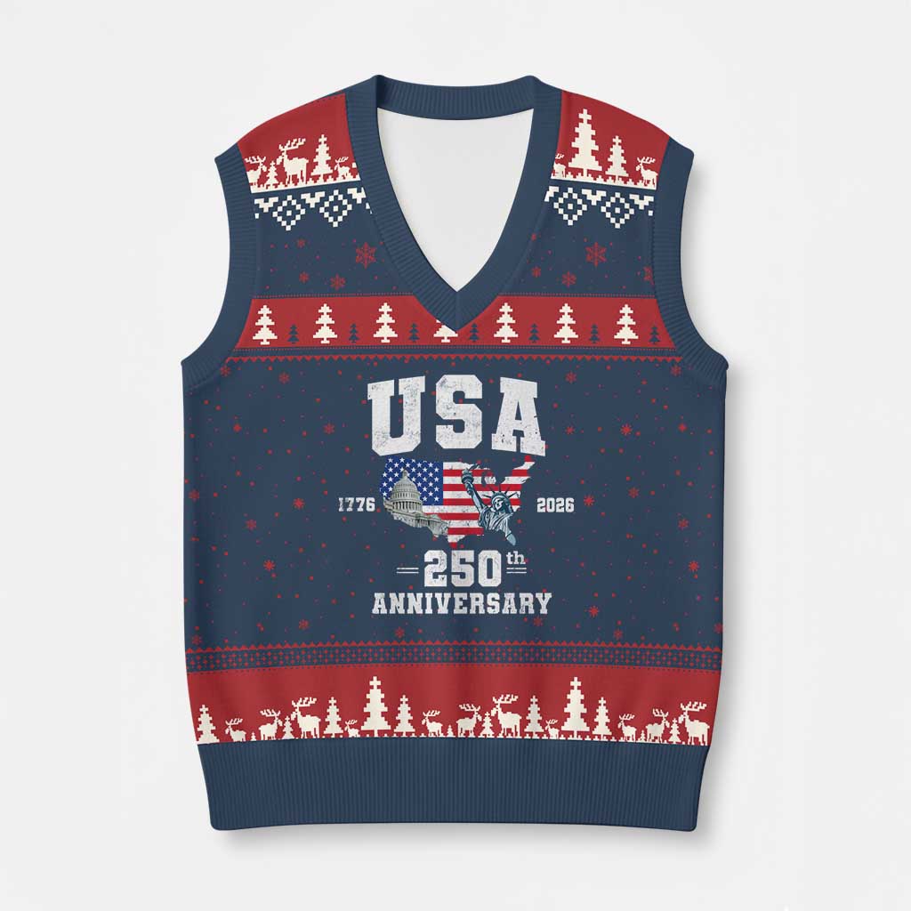 250th Anniversary USA V-Neck Knit Sweater Vest 4th of July America US Flag Patriotic 250 Years American Flag