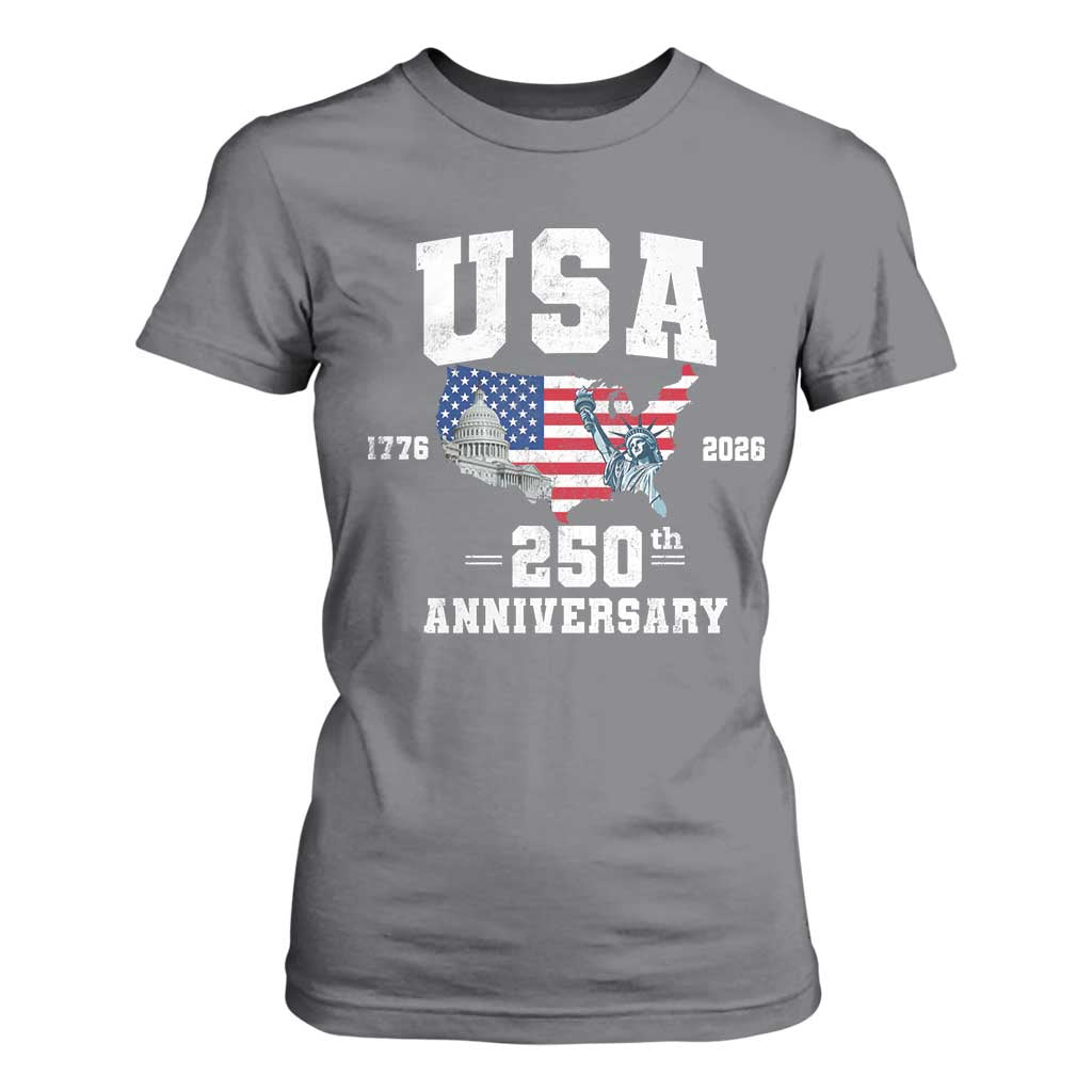 250th Anniversary USA T Shirt For Women 4th of July America US Flag Patriotic 250 Years American Flag TS10 Charcoal Print Your Wear