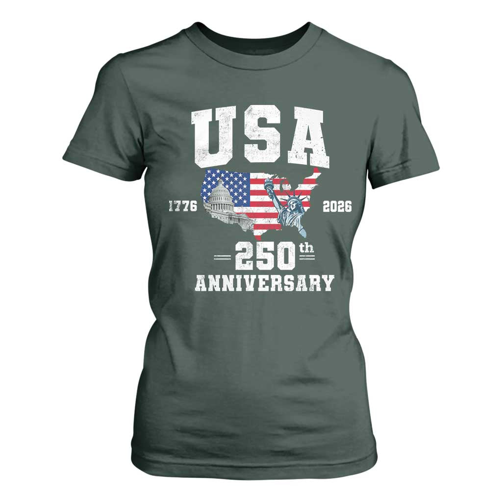 250th Anniversary USA T Shirt For Women 4th of July America US Flag Patriotic 250 Years American Flag TS10 Dark Forest Green Print Your Wear