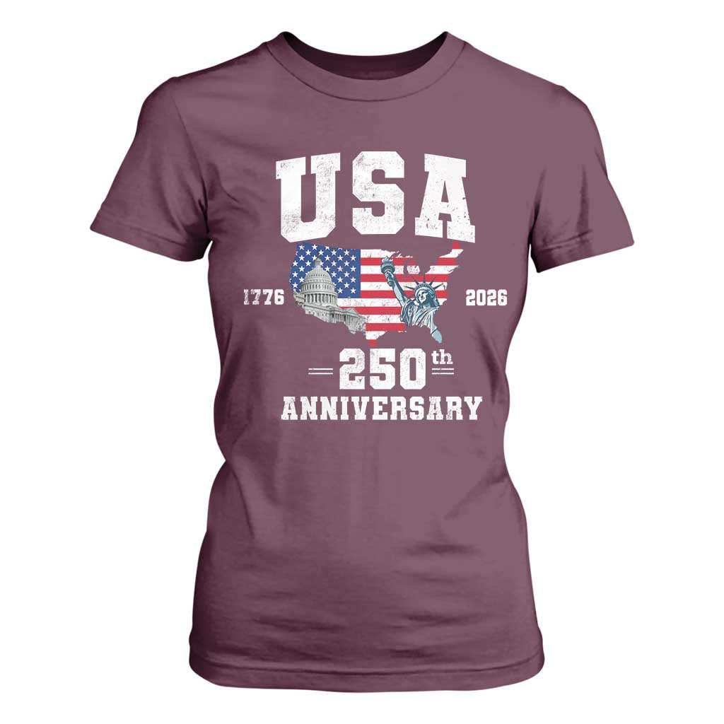 250th Anniversary USA T Shirt For Women 4th of July America US Flag Patriotic 250 Years American Flag TS10 Maroon Print Your Wear