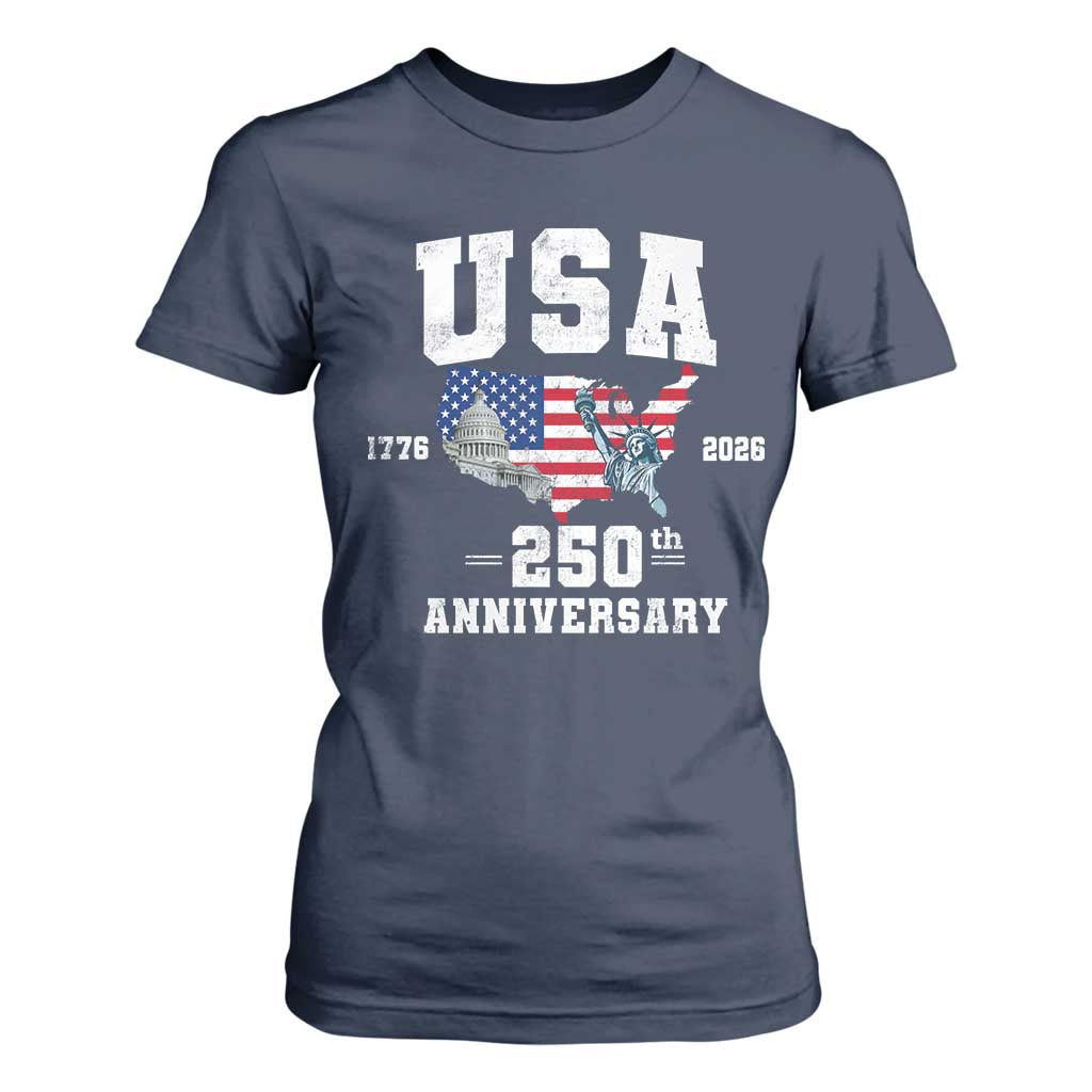 250th Anniversary USA T Shirt For Women 4th of July America US Flag Patriotic 250 Years American Flag TS10 Navy Print Your Wear