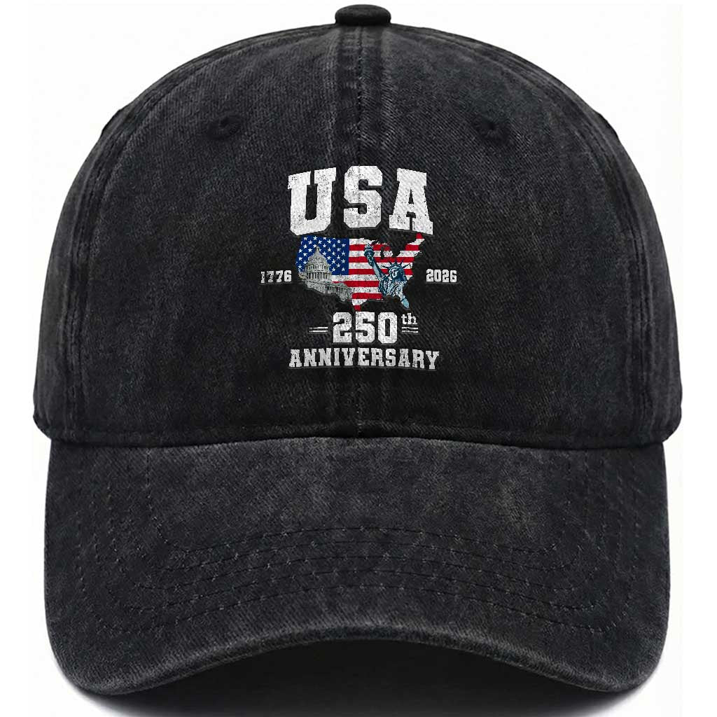 250th Anniversary USA Washed Cotton Baseball Cap 4th of July America US Flag Patriotic 250 Years American Flag