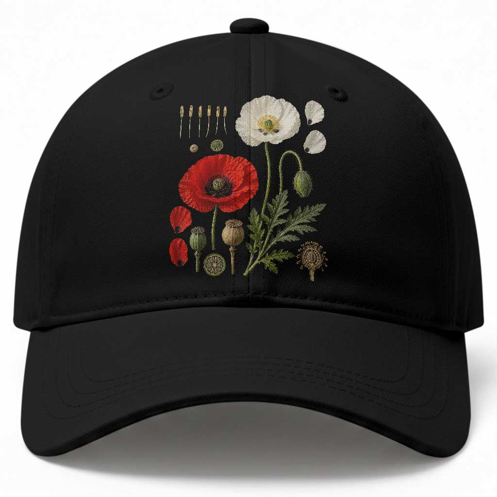 Summer Red Poppy Flower Botanical Poppies Vintage Print Memorial Day Floral Graphic Baseball Cap