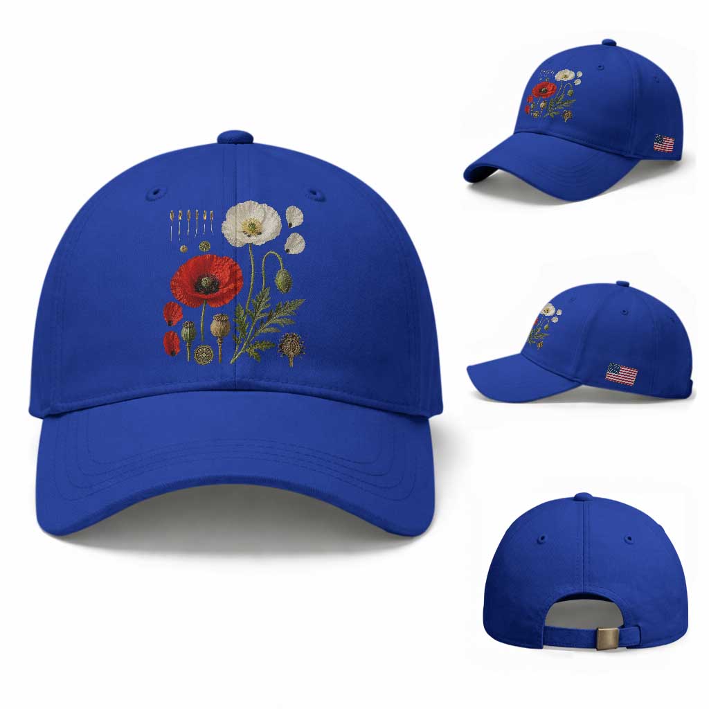 Summer Red Poppy Flower Botanical Poppies Vintage Print Memorial Day Floral Graphic Baseball Cap